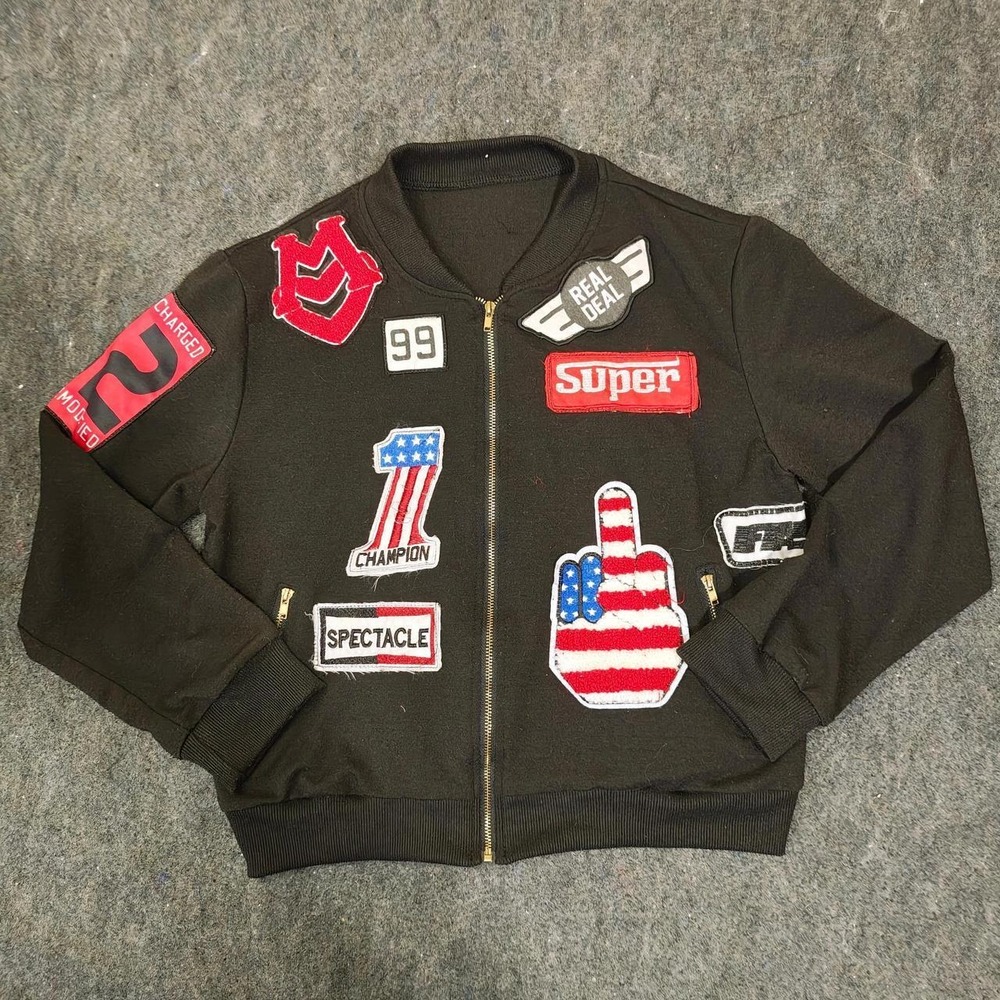 Screenshot Brand Y2K Multi-Patch Racer Bomber Jacket Black Women Cropped Boxy